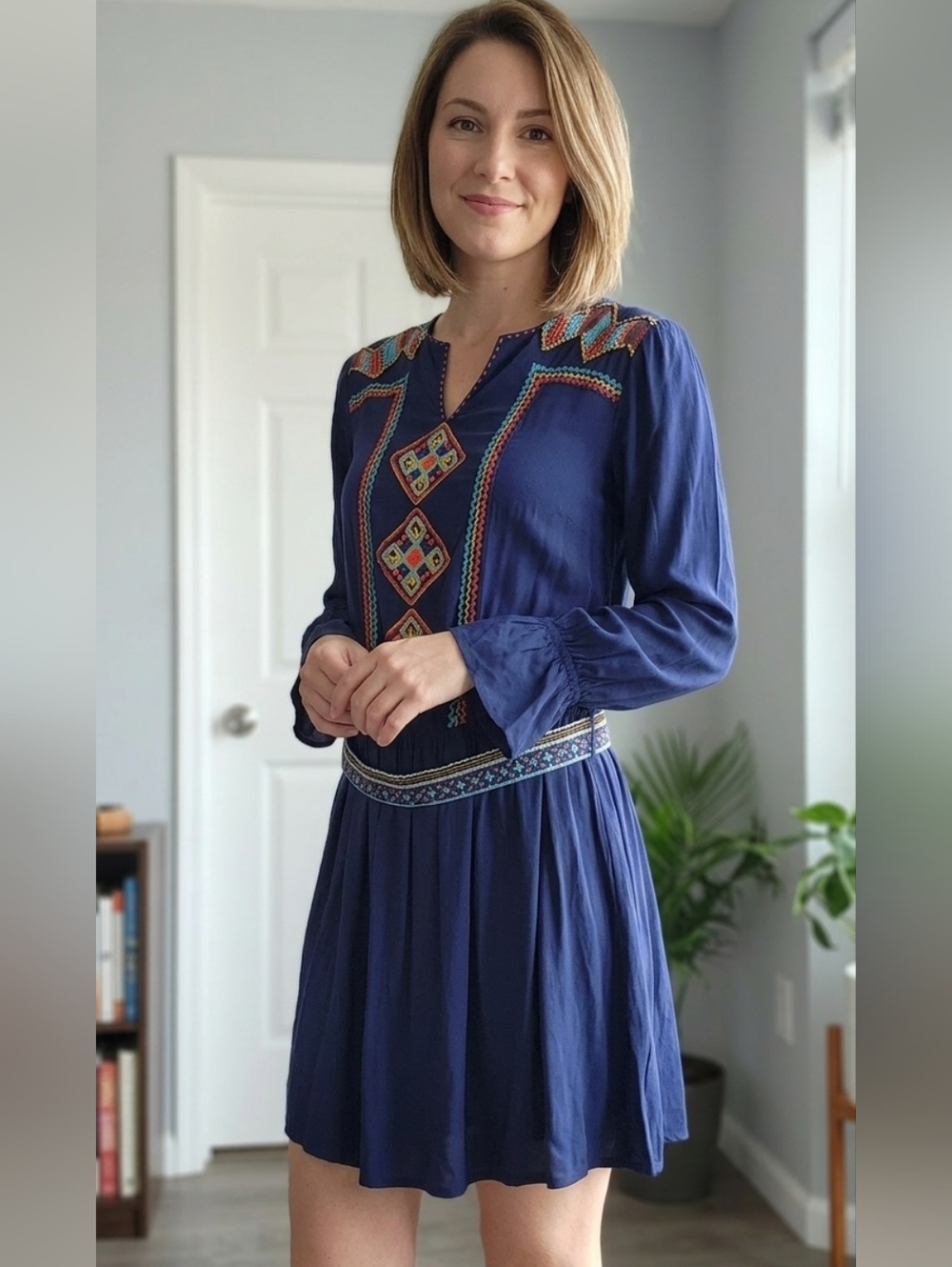 Embroidered Navy Long-Sleeve Mini Dress